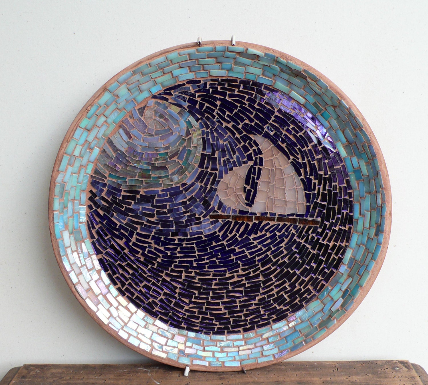 blue violet mosaic glass art REGATA NOTTURNA signed, original, SUMMER, sea, geometric home decor