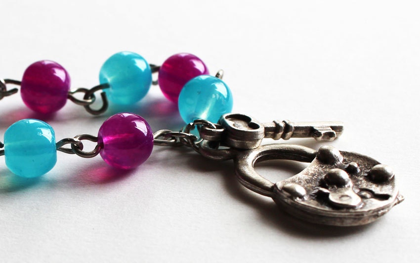 Lock and key necklace with turquoise and purple glass beads gift for her best friend birthday