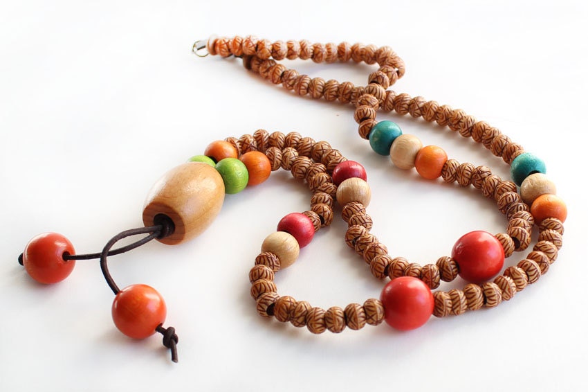 Wood beaded necklace and earrings colorful colored rainbow gift for her best friend birthday ethnic yellow green orange blue