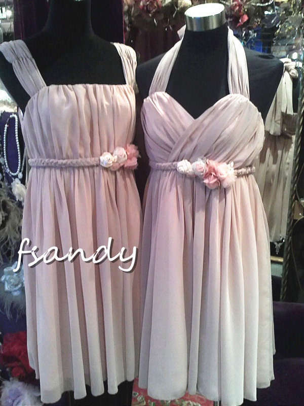 Custom made nude-pink chiffon short evening dress/ bridesmaid short dress (Customized many colour)
