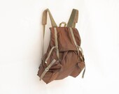 Vintage brown green nylon leather backpack rucksack hiking army military size large