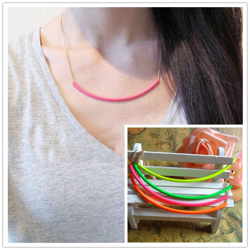 Tube Necklace- Dainty Minimalist Bright Neon Color Curve Long Tube Bar Statement Necklace Golden Chain Bib Short Chunky Fake Collar
