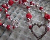 Rhinestone Heart Red White Assemblage Bead Necklace