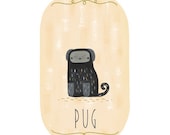 Black Pug art print - 6x4 illustration - Available in pink, peach, cream, green, teal, blue & purple - pug print, dog art