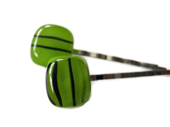 Square green hairpins - Fused glass Bobby pins - Hair accessories