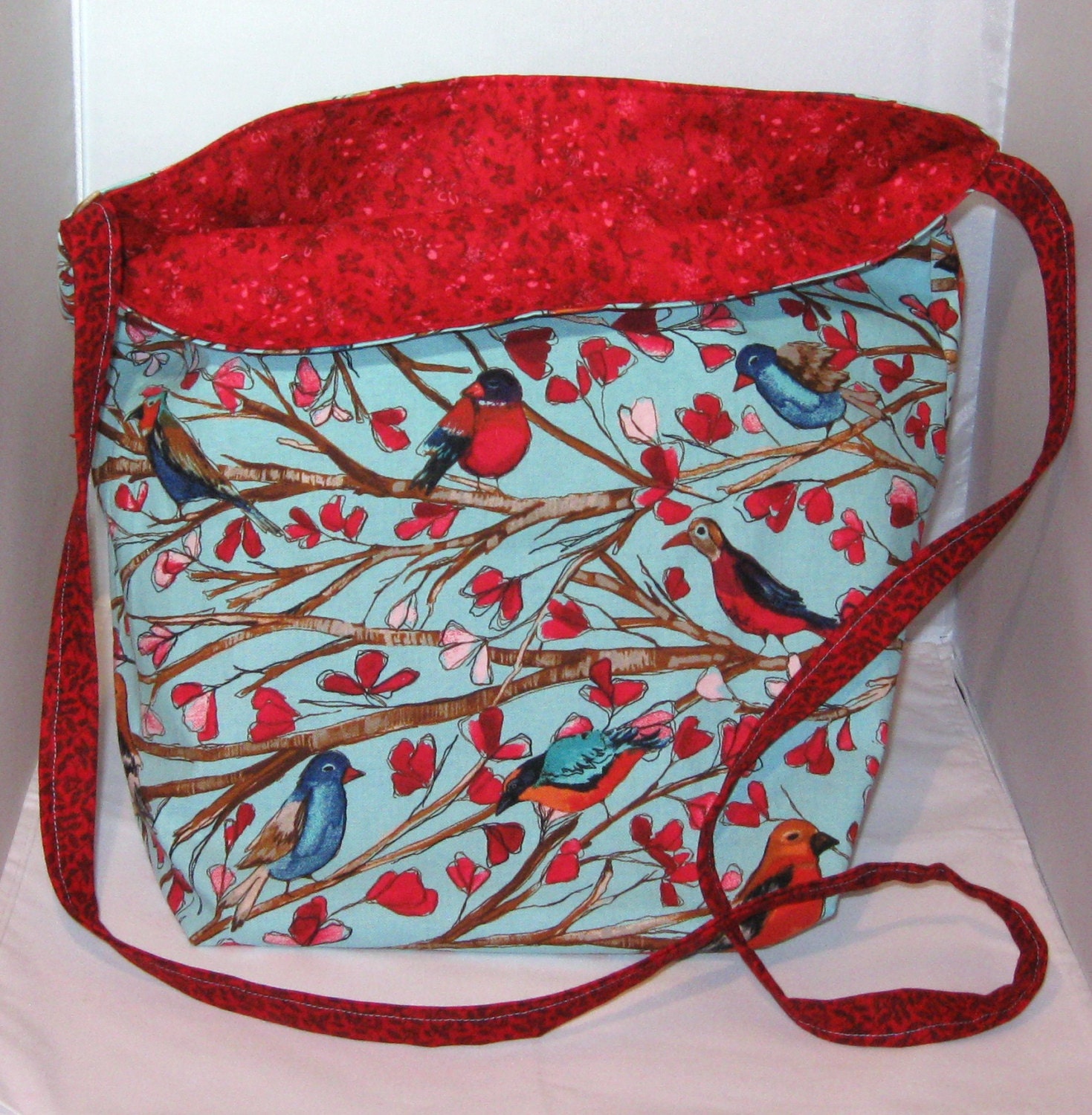 Birds and Red Flowers Large Reversible Tote Bag