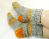 Hand knit socks, grey, yellow, wool socks