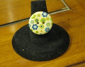 Blue and Lime Green Flowers and Stars Wooden Button Adjustable Ring
