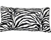 Handmade double sided minky faux fur lounge pillow zebra print with black curly minky back safari teen rock rockabilly animal print