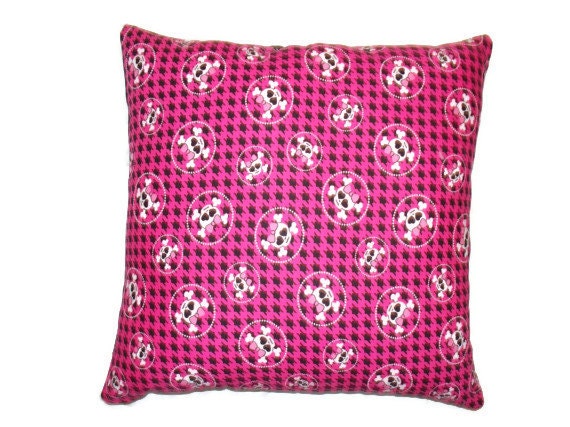 Handmade throw pillow set of 2 cotton pink and black girly skull punk princess with black swirl back punk teen pirate emo rock star rockab
