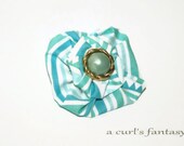 Small Round Blue Striped Fabric Flower Hair Clip With Center Button