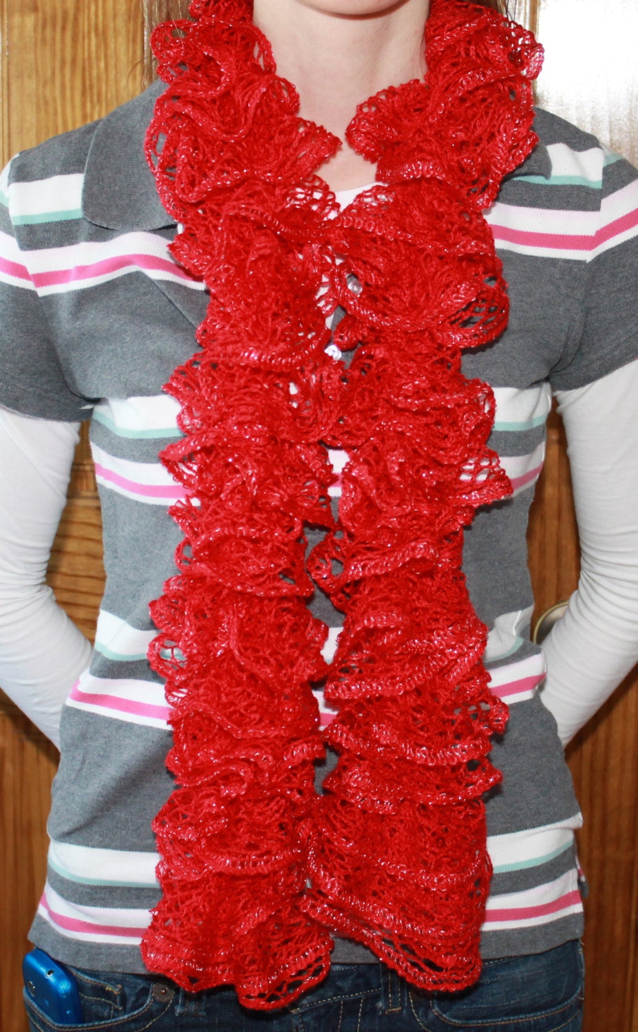 Red Ruffled Scarf - Knit Ruffled Scarf -Red - Mother's Day Gift - Women