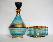 Vintage 1960s Blue and Gold Glass Decanter With 6 Cups