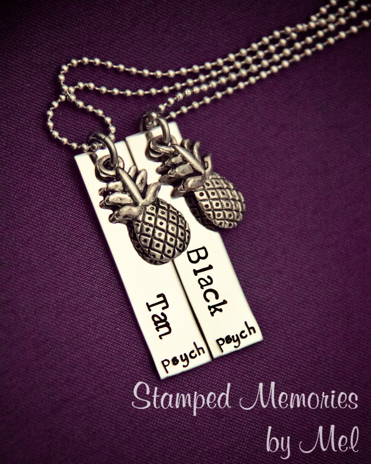 Psych Fan "Black and Tan" Necklace Set - Hand Stamped Stainless Steel with Pineapple Charms - Shawn and Gus Quotes - Best Friends