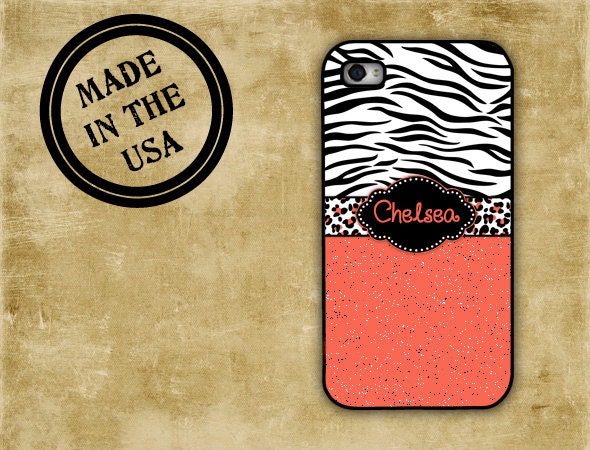 Animal print iPhone case - Coral and black tiger - animal print Iphone 5 case personalized Iphone 4s Iphone 4 cover, rubber plastic (9912)
