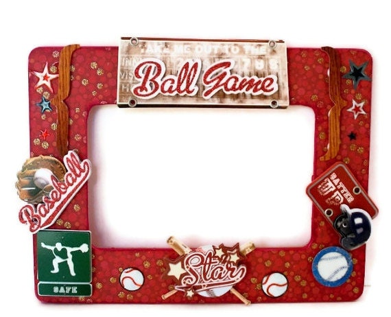 Baseball Picture Frame - Collage Photo Frame - Red Painted Room Decor Embellished Frame - (Wooden / MVP)