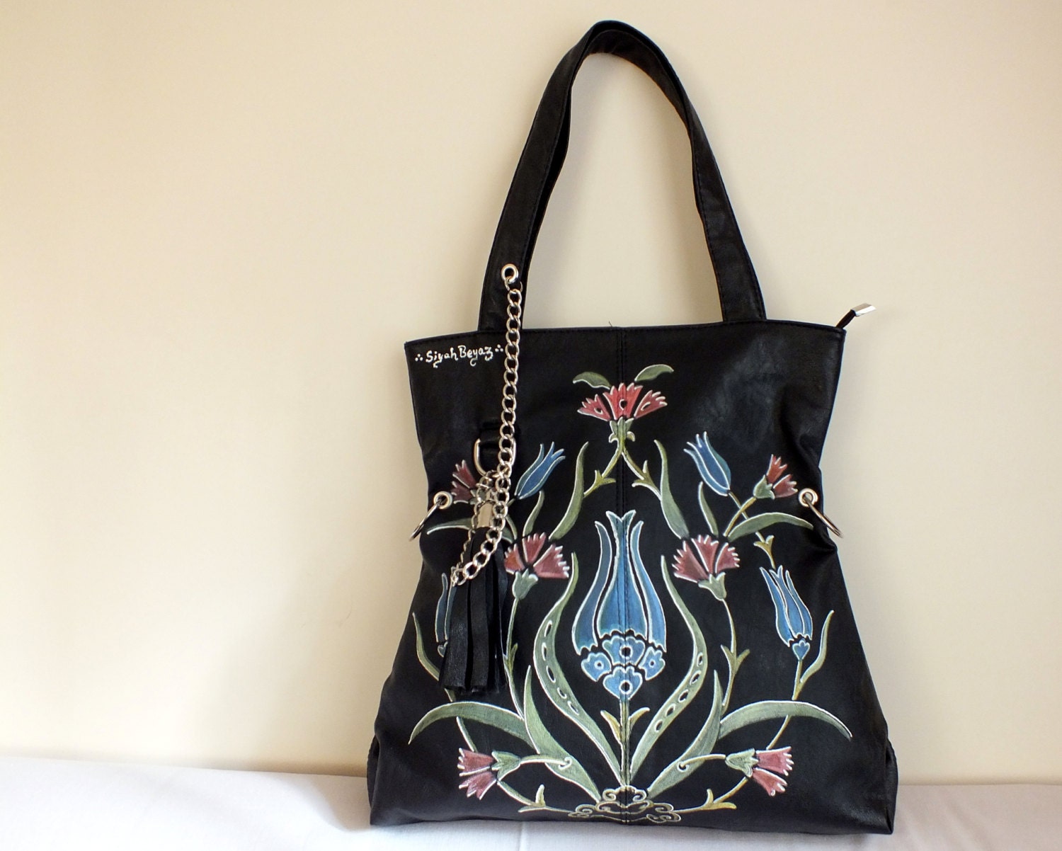 Black leather tote bag, shopper bag, everyday purse, hand painted IZNIK TILE