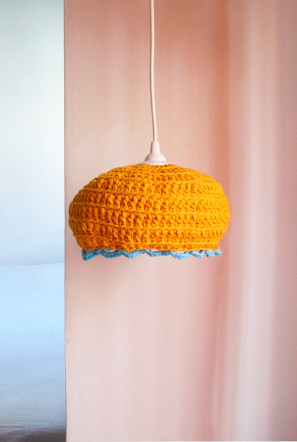Pendant lamp with crocheted lampshade and cable - orange and blue