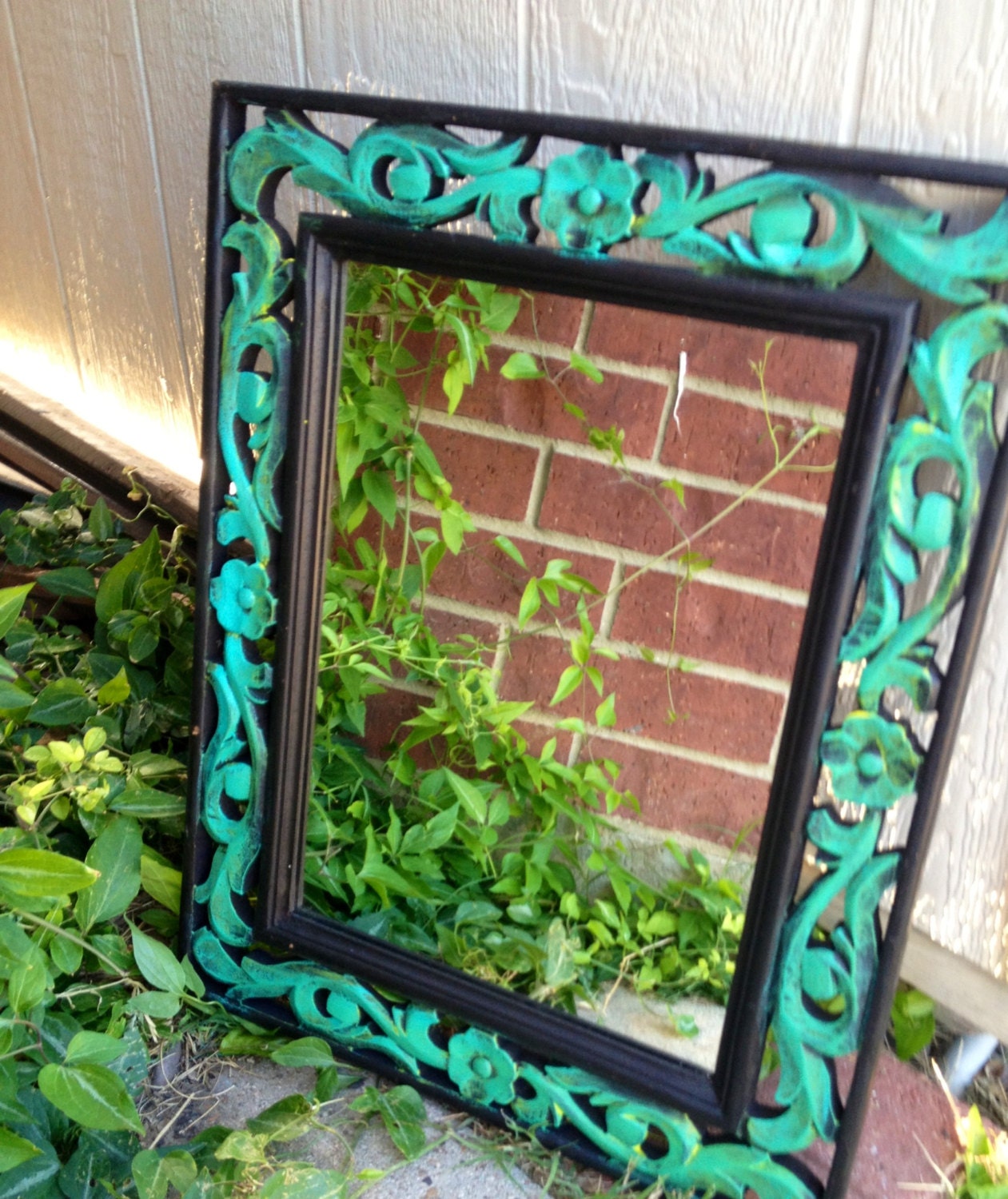 Wooden Carved Vintage Ornate Mirror in Turquoise//Lime//Black and Didtresssed
