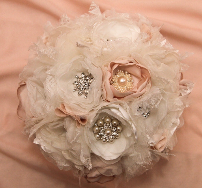 SOLD Customer Order: Rustic Fabric Wedding Bouquet, with brooches - Sample for Callen