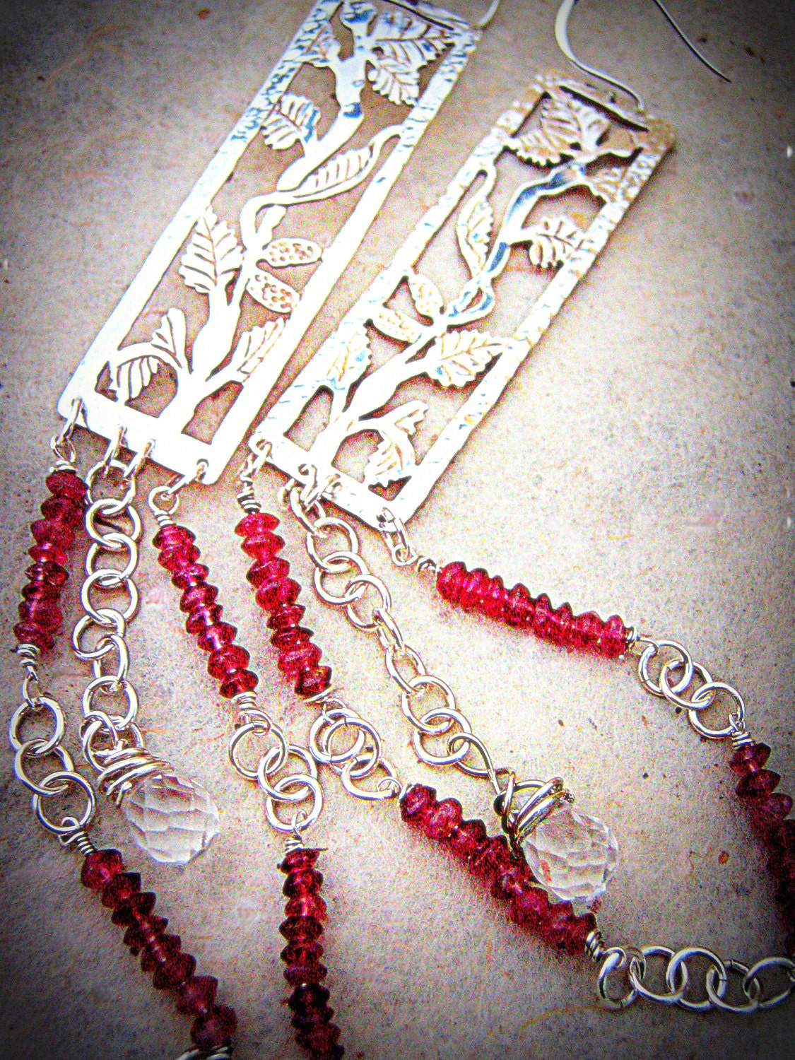 Romantic Silver Birch Tree Branches, Leaves, and Pink Tourmaline Beads Dangle Earrings.
