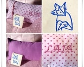 Personalized gift pillow for newborn and babies, children heirloom gifts, violet polka dot lilac colors 7x12"