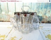 SPRING SALE Vintage Set of Four Kimiko Bar Glass With Chrome Holder and Coasters,Highball Glass, Barware, Silver, Coat of Arms, Mid Century