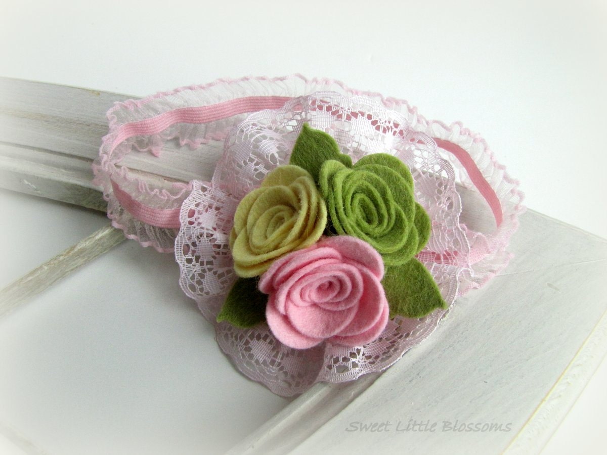Flower Hair Clip or Headband - Vintage Shabby Chic - Wool Felt Rose Vintage Lace Girl Infant Baby