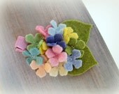 Spring Wool Felt Hairclip - Pastel Hydrangea flowers with leaves Girl or Baby Easter Hair Clip Headband