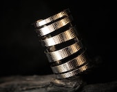 Asymmetrical banded silver big 4" cuff bracelet - BISJOUX