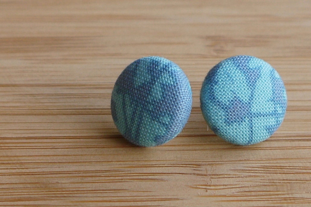 Fabric Covered Button Earrings - Teal on Light Blue Abstract Spots