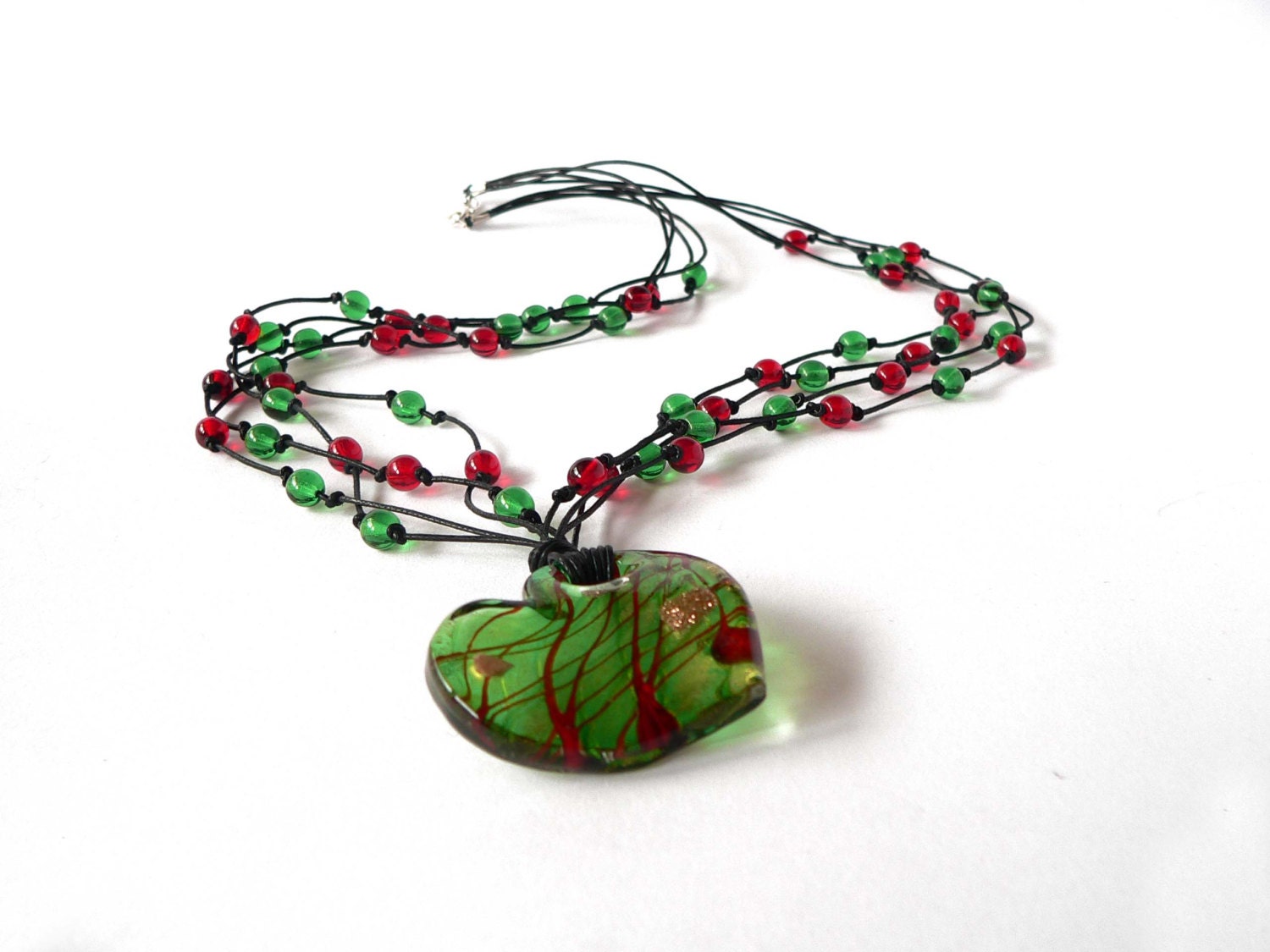 Green necklace - green and red glass beads - glass pendant