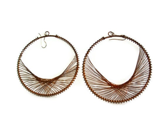 Hoop earrings, vintage copper WEB, BIG bold dangles, WRAPPED wire net, Dangling gypsy ear rings, Boho Zen jewelry Earthy Bohemian jewellery