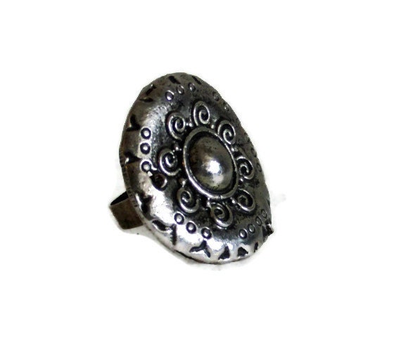 Ornate vintage cocktail ring, Rustic costume jewelry, metal art, unique, oversized, statement, jewellery, ADJUSTABLE, Boho, silver tone