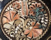 Etched dandelion & tulip Vintage copper plate Turkish FOLK ART dish botanical geometric floral motif Anatolian metal etching craft mini tray