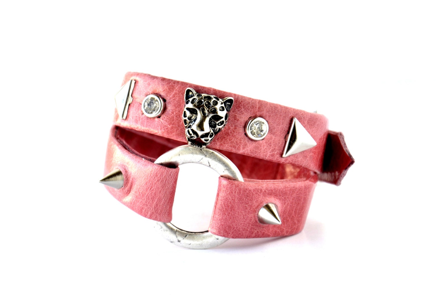 Handmade Double Strand Sugar Pink Leather Bracelet With Silver Puma Stud, Spikes and Rhinestone, Wrap Leather Bracelet