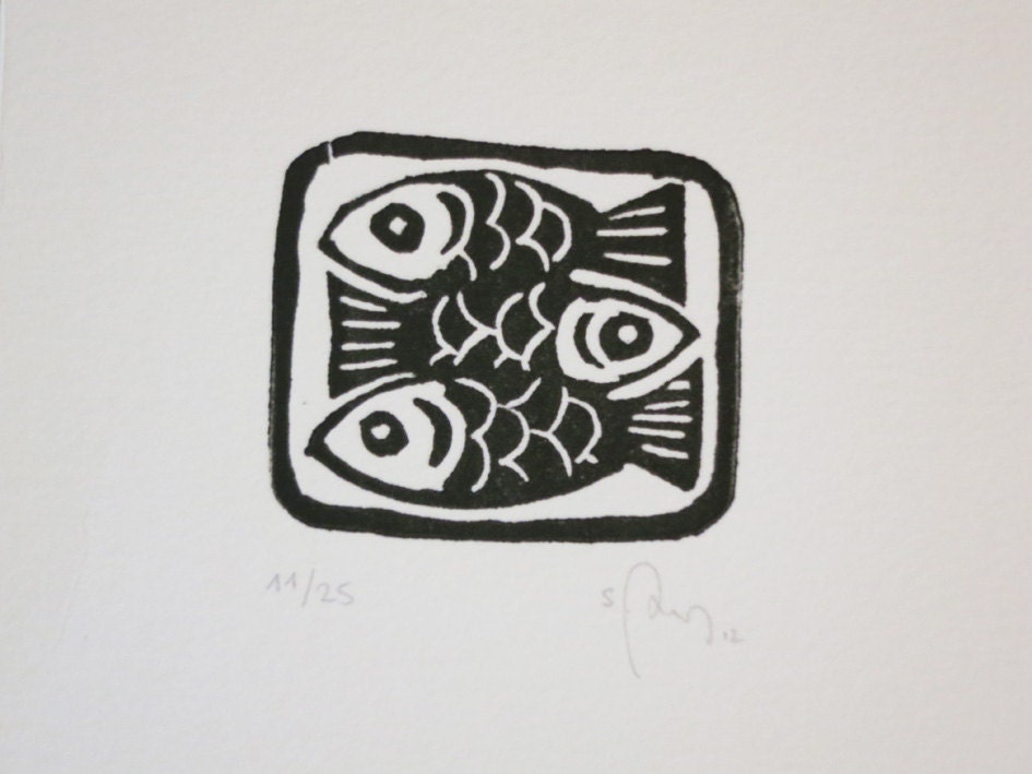 canned sardines, fish, black and white etching, lino