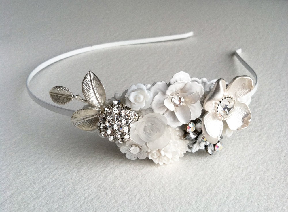 Bridal headpiece, bridal headband, garden wedding, headpiece, bridal hair accessories, tiara wreath silver white flower woodland shabby chic - PrettyBabyMillinery