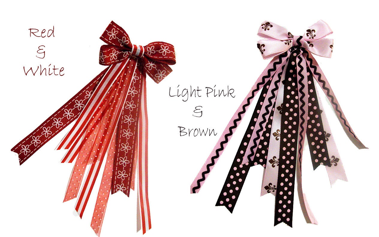Cheer Hair Bow Ribbon Streamer Ponytail Holders- Red, White, Light Pink, Brown