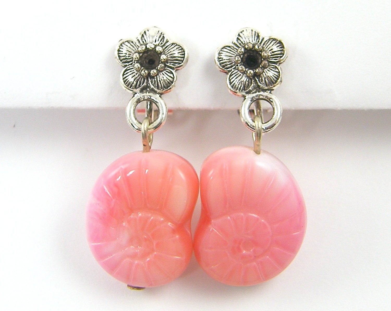 Coral Clip Earrings, Pink Clip on Earrings, Seashell and Silver Flower Pastel Clip Jewelry