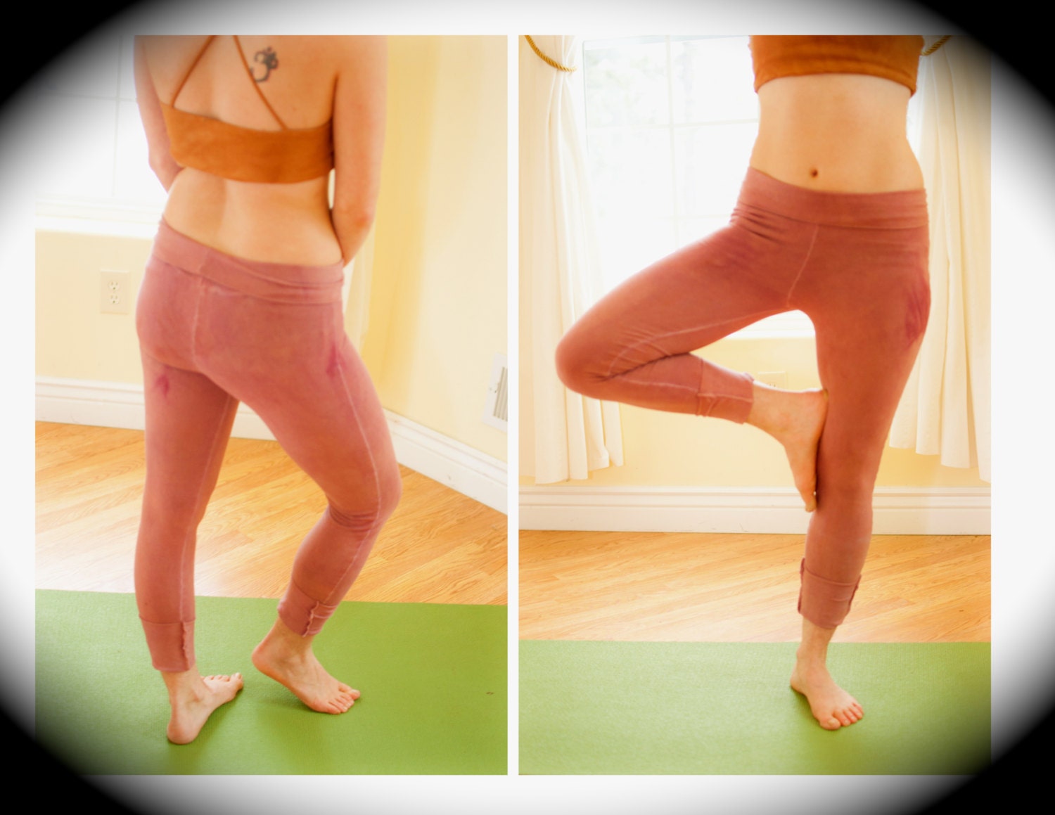 Ready to Ship Hridaya Heart Yoga Leggings Strechy Organic Hemp and Cotton Blend Hand Dyed with Herbs in Hibiscus Pink