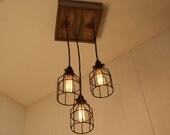 Cage Light Chandelier - Cage Lighting - Industrial Lighting - Edison Bulb - Upcycled Wood
