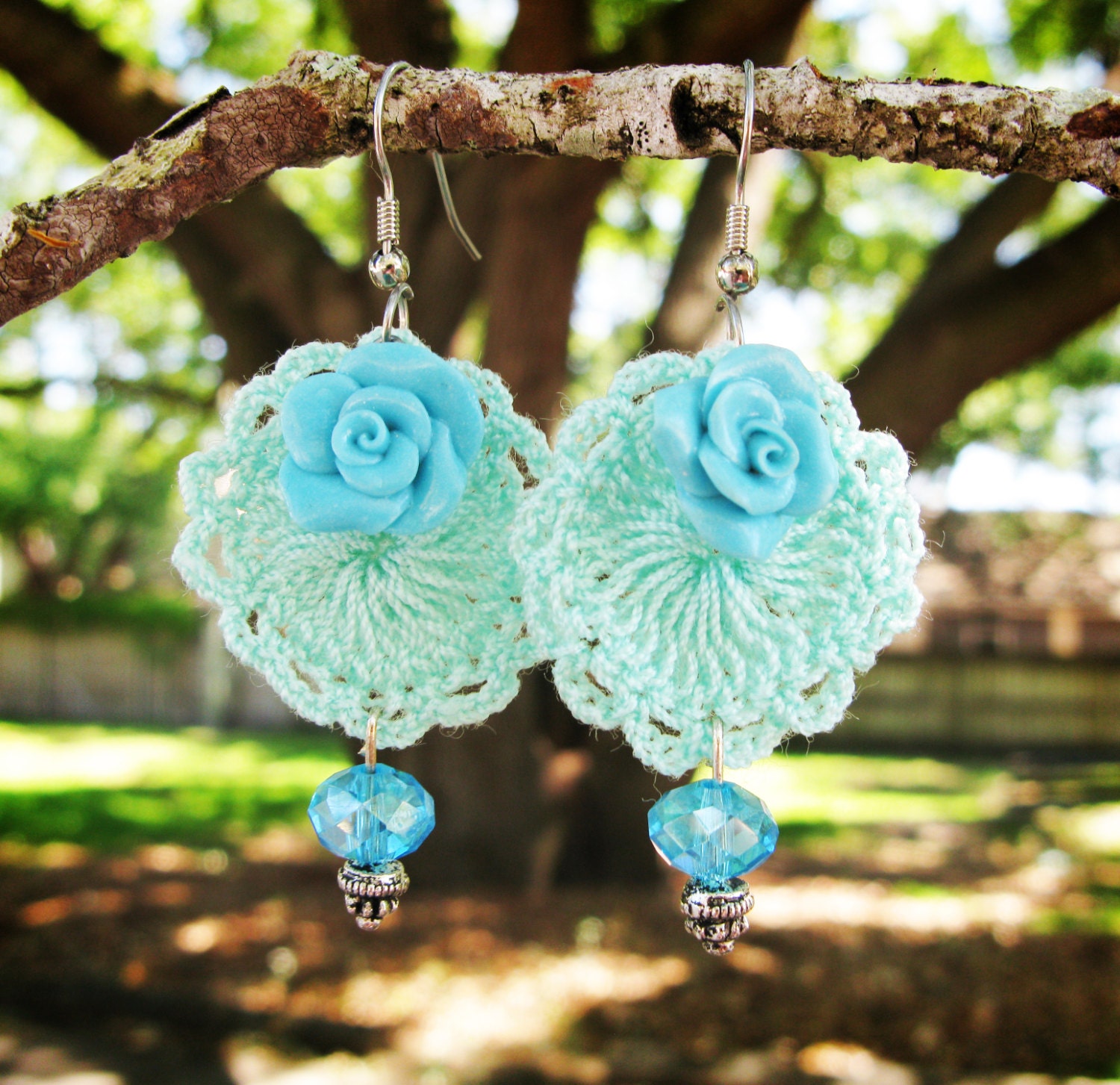 Teal - Mini Doilies Lace and Handcrafted Polymer Clay Rose Earrings with crystals - Beautifully Packaged