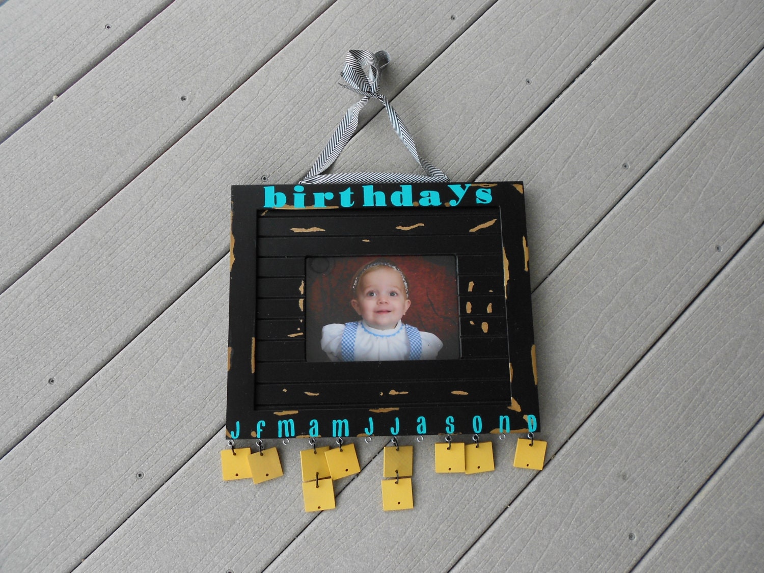 Birthday Board Picture Frame in Bold, Yellow Tile, Turqouise Vinyl, Chevron Ribbon,