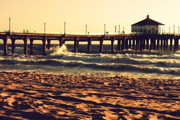Manhattan Beach pier photography crashing waves 5x7 fine art print cross process brown vintage inspired photography landscape nature photo