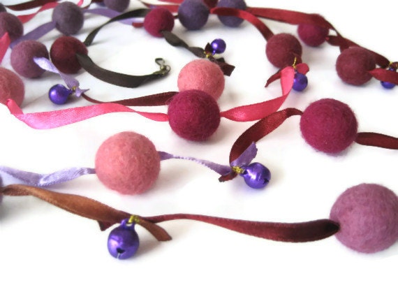 Felt wool balls garland Easter multicolor purple pink lavender satin ribbon jingle bells