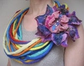 Multicolor string felted necklace bib, gift for her, multistrand. Jewelry under 35. Blue, red, orange, green, mustard, yellow, purple, pink