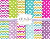 Instant Download, SEAMLESS, Modern, Trendy, Chevron, Polkadots, Digital Paper, Multicolor, Green, Orange, Pink, Blue, Purple Il_170x135