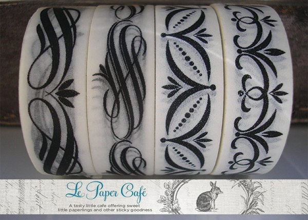 ELEGANT SCROLL QUAD Washi Tape - Art Deco/Swirl Pattern Masking Tape - 15mm x 10m each