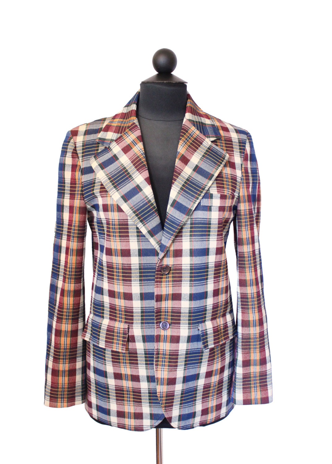 Vintage Blazer Jacket, Red Blue Plaid, Hipster, Fitted, Long Sleeved, Womens Clothing, Medium